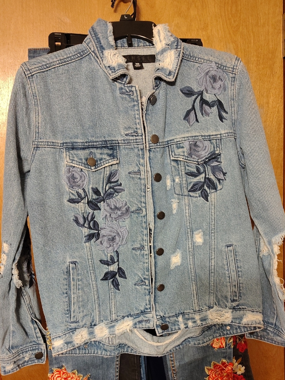Tinsel Light Blue Distressed Denim Jacket with Embroidered Roses